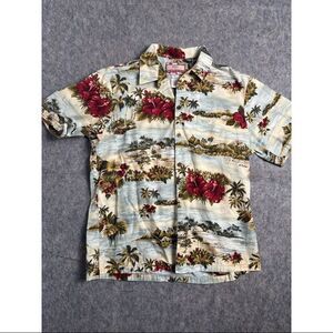 RJC Hawaiian Shirt Men's Large Multicolor Cotton Red Hibiscus Collared Button-Up